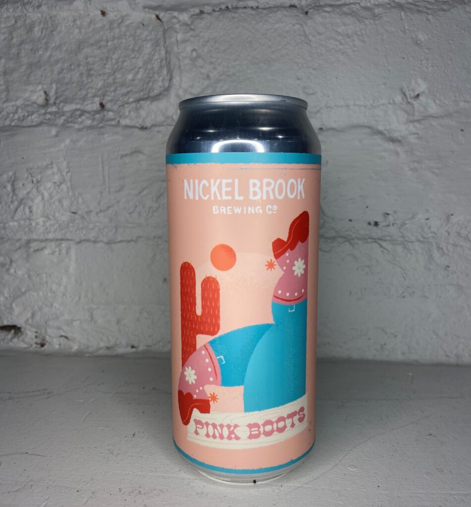 A can of 'Pink Boots,' a beer from Nickel Brook Brewing.  The label is light pink with a turquoise border featuring a cute cartoony design of a pair of legs in blue jeans and pink cowboy boots up in the air in front of an orange cactus and sun.  The name of the beer is written in western style font at the bottom of the label.