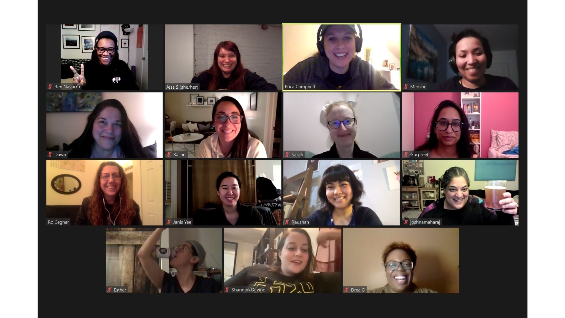 A screenshot of the inclusivity committee meeting over Zoom. Fifteen women are featured in little squares smiling at the camera.