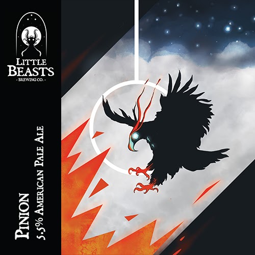 The label for Little Beasts Brewing Co Pinion American Pale Ale.  It features a black bird with orange claws and a glowing blue eye flying towards the ground and stylized orange flames. 